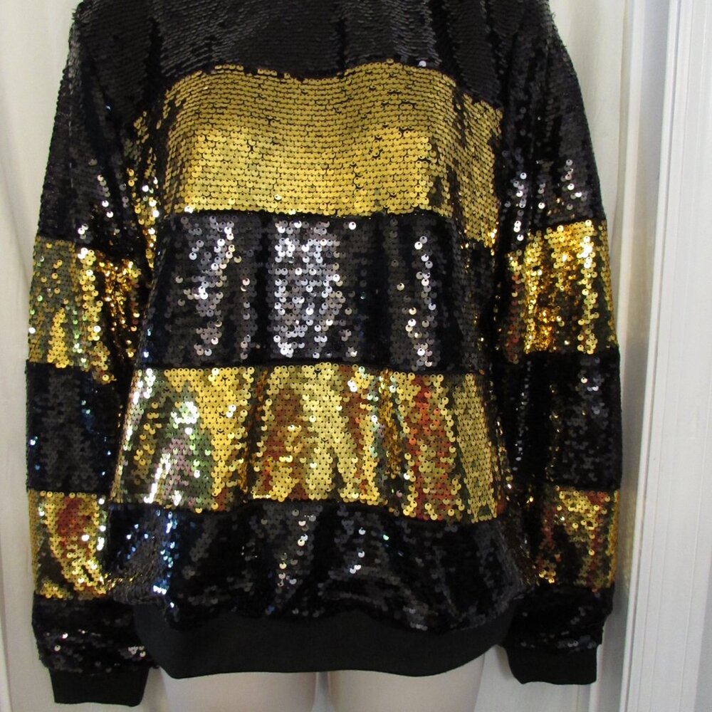 The Wild Collective Women's Black & Gold Striped Sequin Pullover Hoodie Sz SM